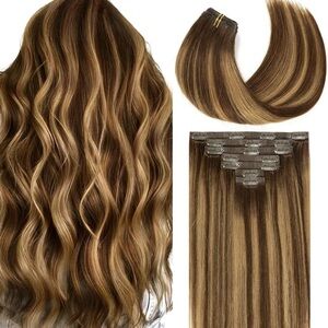 16” Brown Blonde Highlight Clip-In Hair Extensions - 100% human Hair 7 pcs